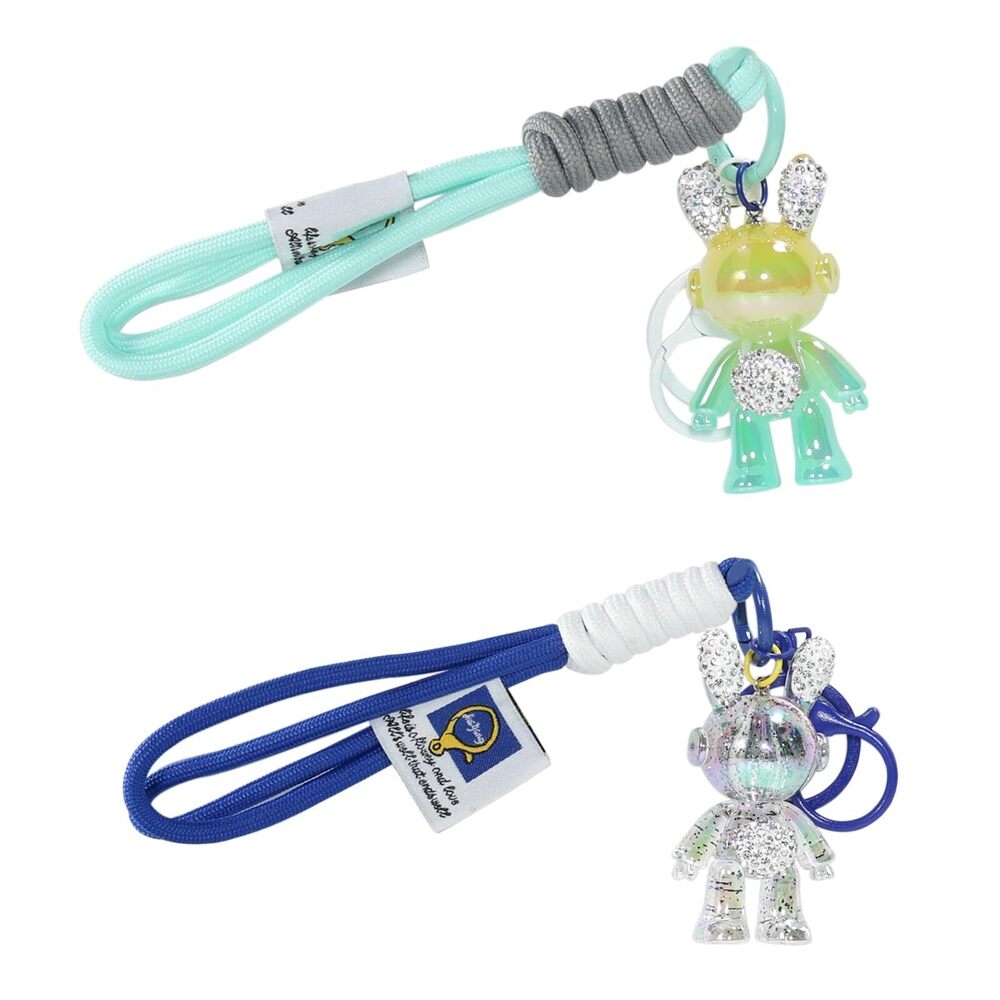 9457 2 Pcs Kawaii Crystal Rabbit Keychain Wristlet  Couple Key Chains
